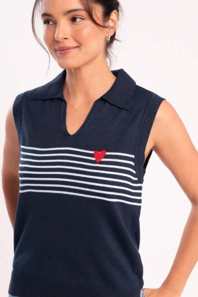 Navy Striped Knit Polo Shirt