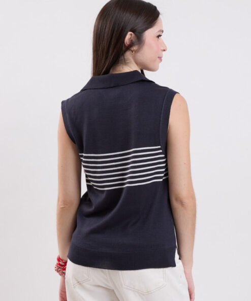 Navy Striped Knit Polo Shirt