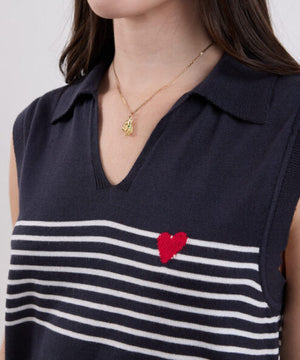 Navy Striped Knit Polo Shirt